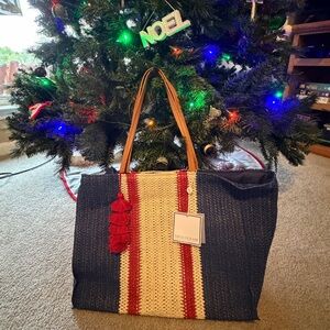 Shiraleah Navy and Cream Tote with Red Accents